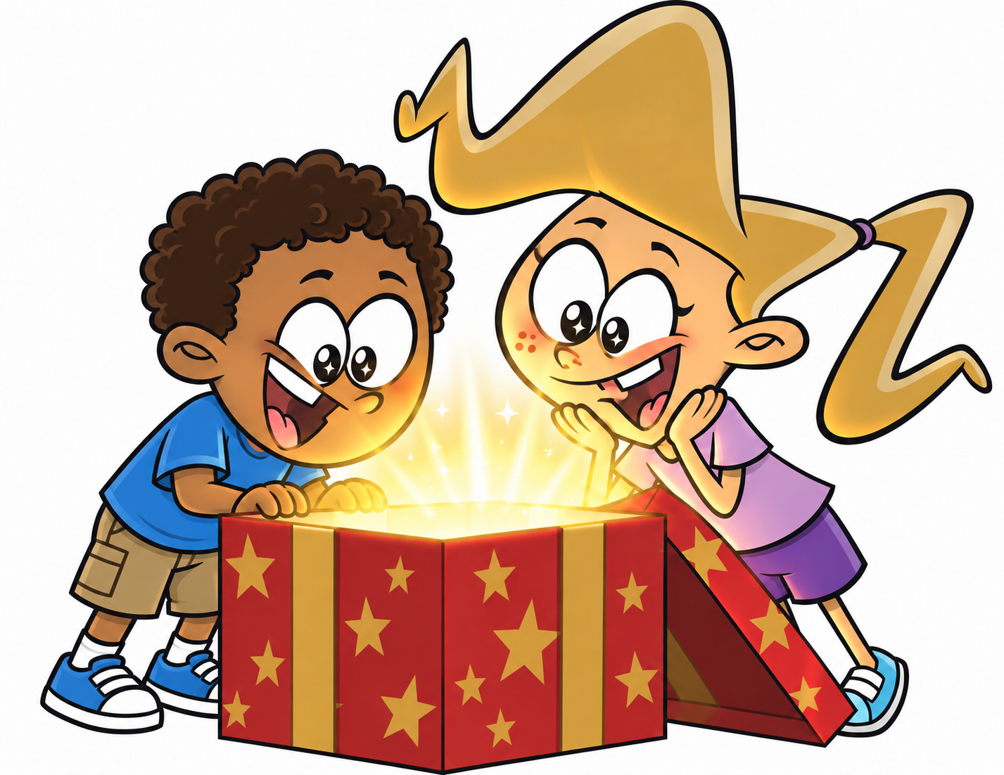 Two kids opening a glowing gift box